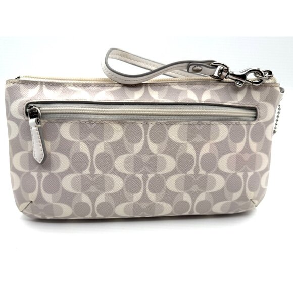 Coach Signature Ivory Taupe Coated Canvas Wristlet Gray Satin Lining Classic - Picture 2 of 15